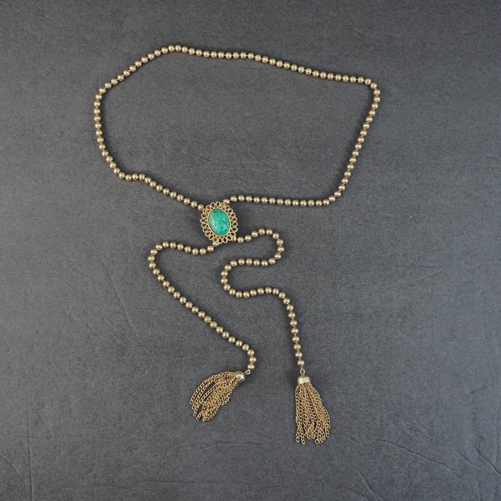 Avon Ming Green Necklace Gold Tone Adjustable Lariat Tassel Cabochon Vintage MCM